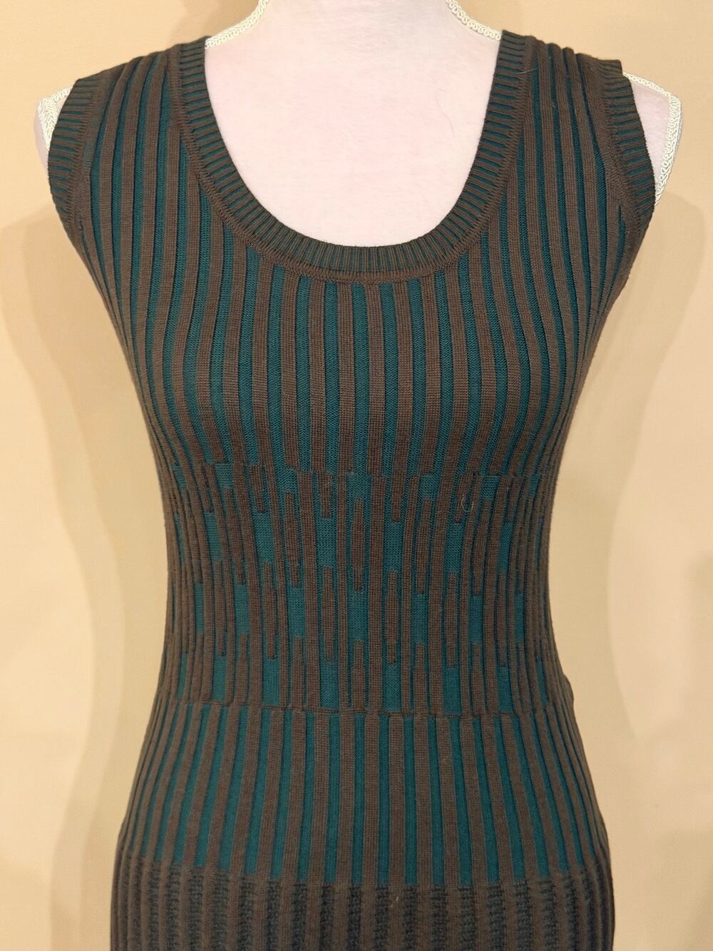 Max Studio Women's Medium Dress Brown Teal Striped Ribbed Knit Sleeveless Flare